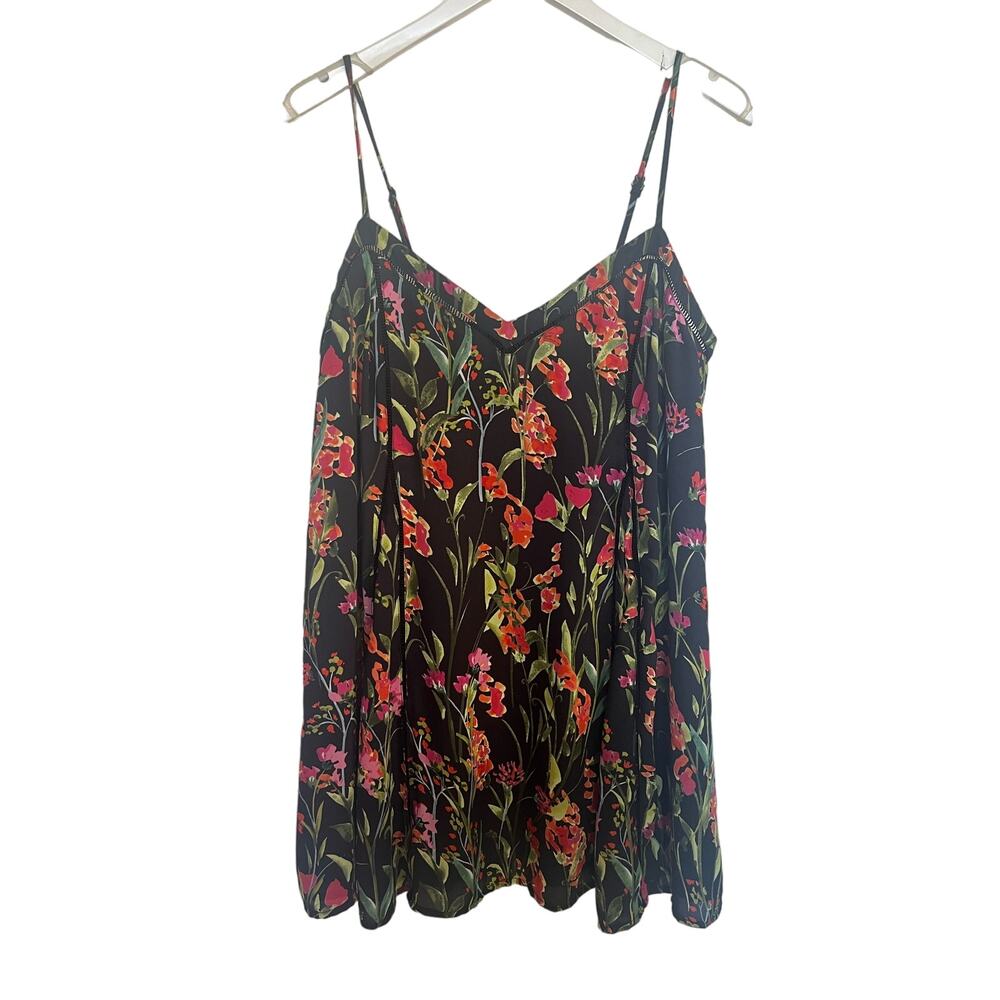 Olivaceous Black Floral Slip Mini Dress with Pink and Green Blooms